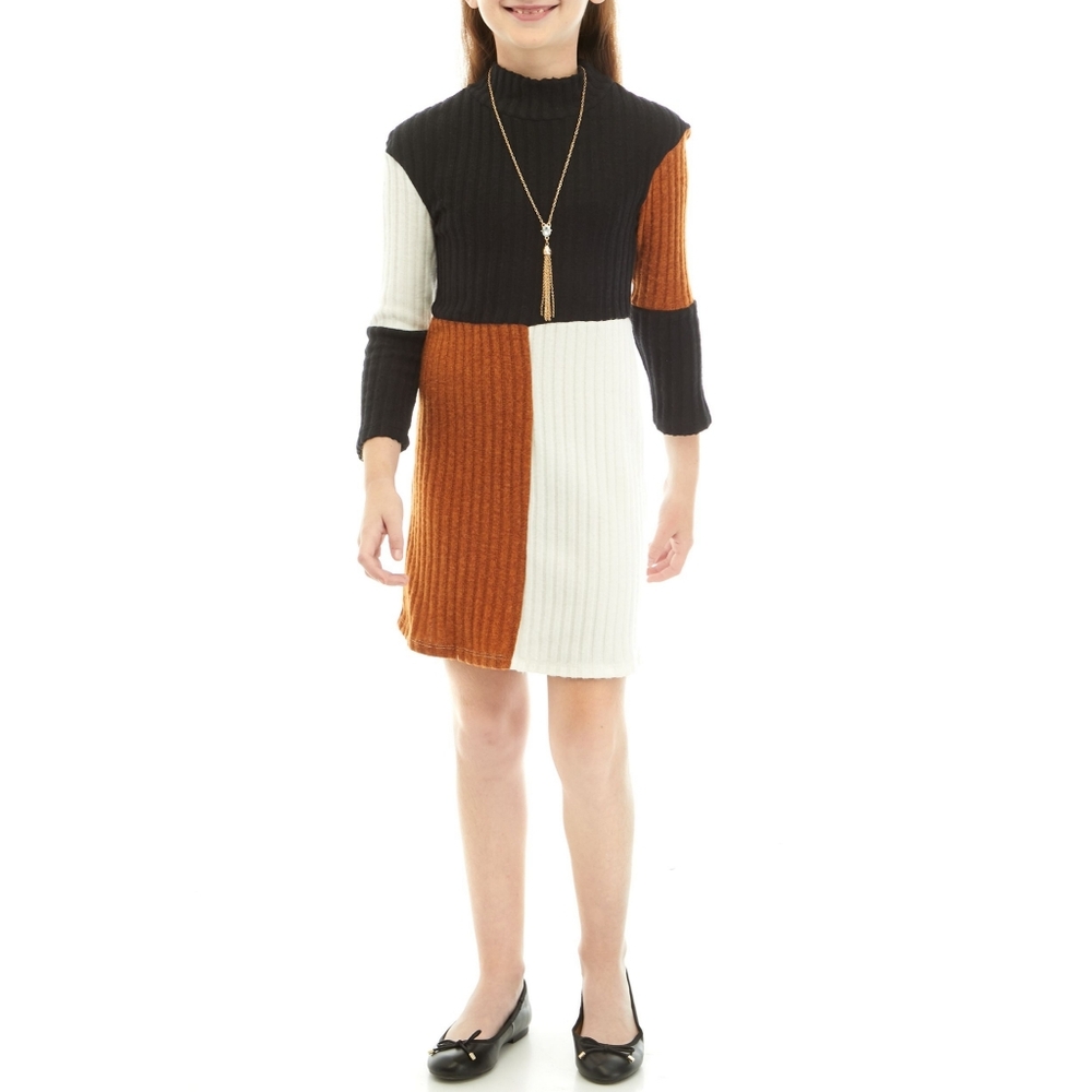 NEW Rare Editions Color Block Brushed Rib Knit Long Sleeve Shift Dress Necklace
